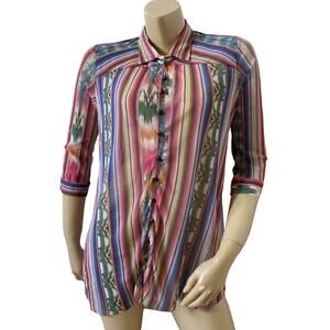 Weston Wear Sheer Button Up Blouse Large Multicolor Striped Western Shirt Womens